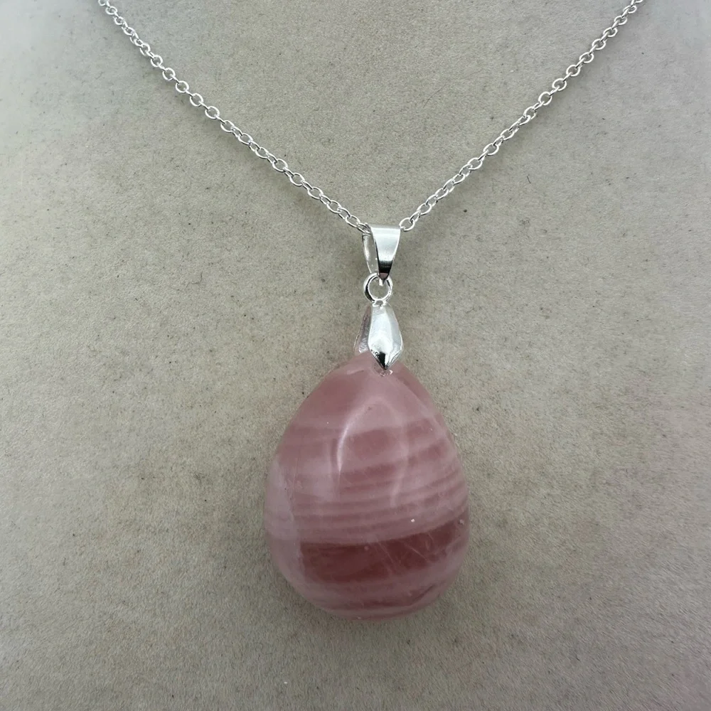 Madagascar Rose Quartz Teardrop Pendant Necklace on Silver Plated Box Chain